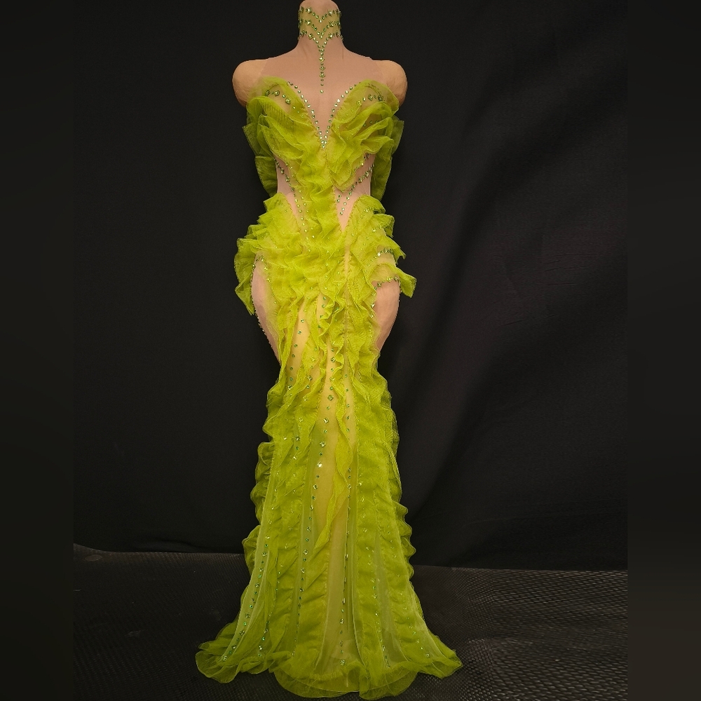 Elegant Lime Green Evening Gown Sexy Diamond Ruffes Women Long Dress .maxi